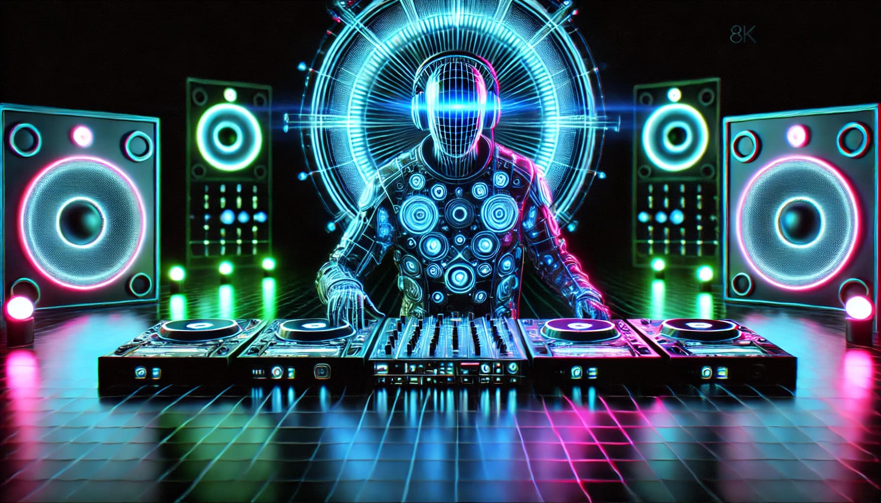 DJ performt futuristisches Set vor Neonkulisse